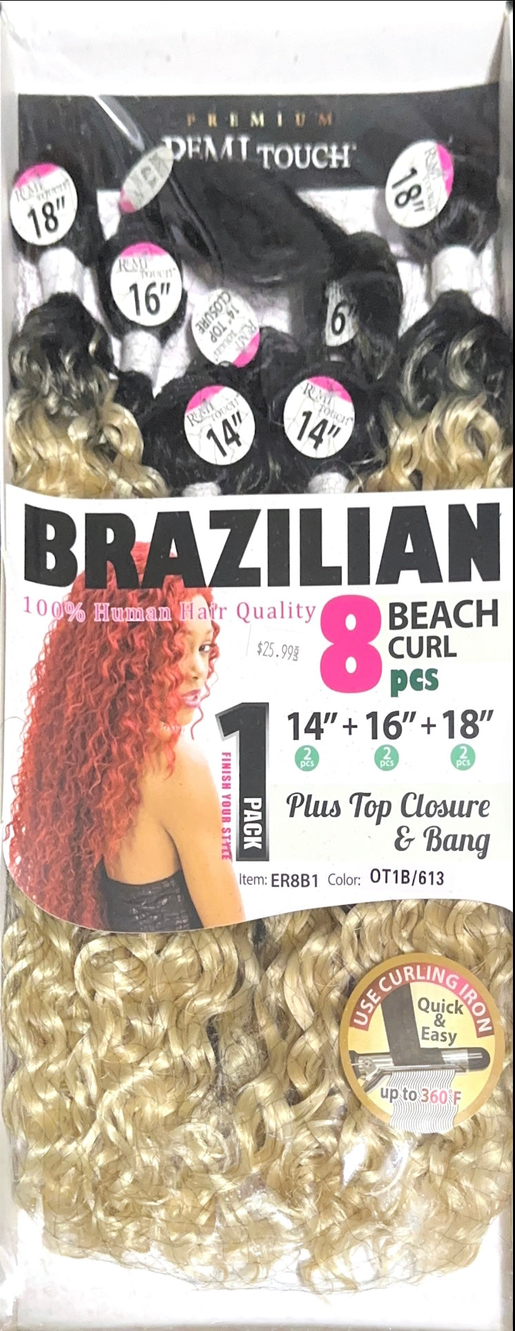 Remi touch Brazilian 8 beach curl pcs with top closure and bangs