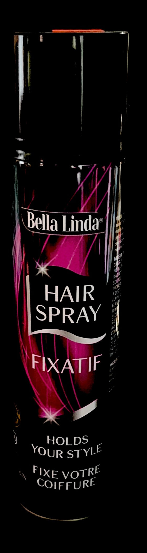 bella linda holds hair spray