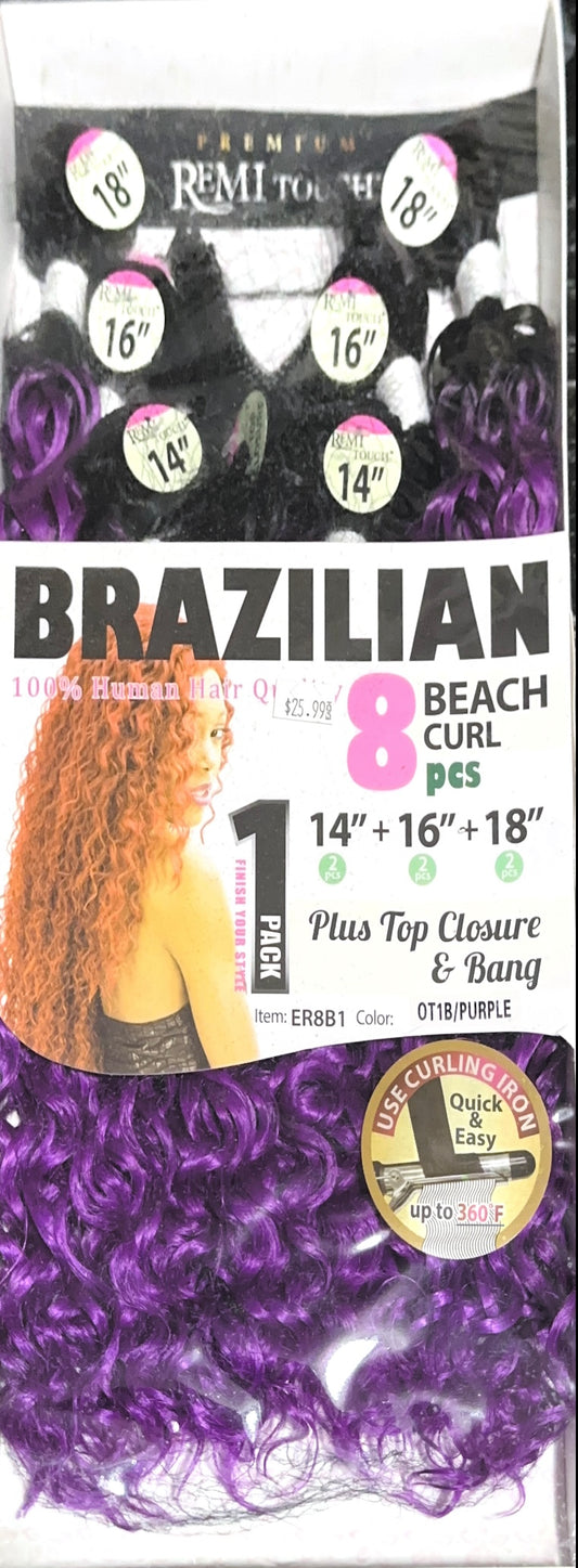 Remi touch Brazilian 8 beach curl pcs with top closure and bangs