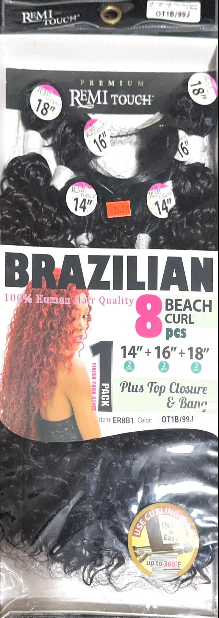 Remi touch Brazilian 8 beach curl pcs with top closure and bangs