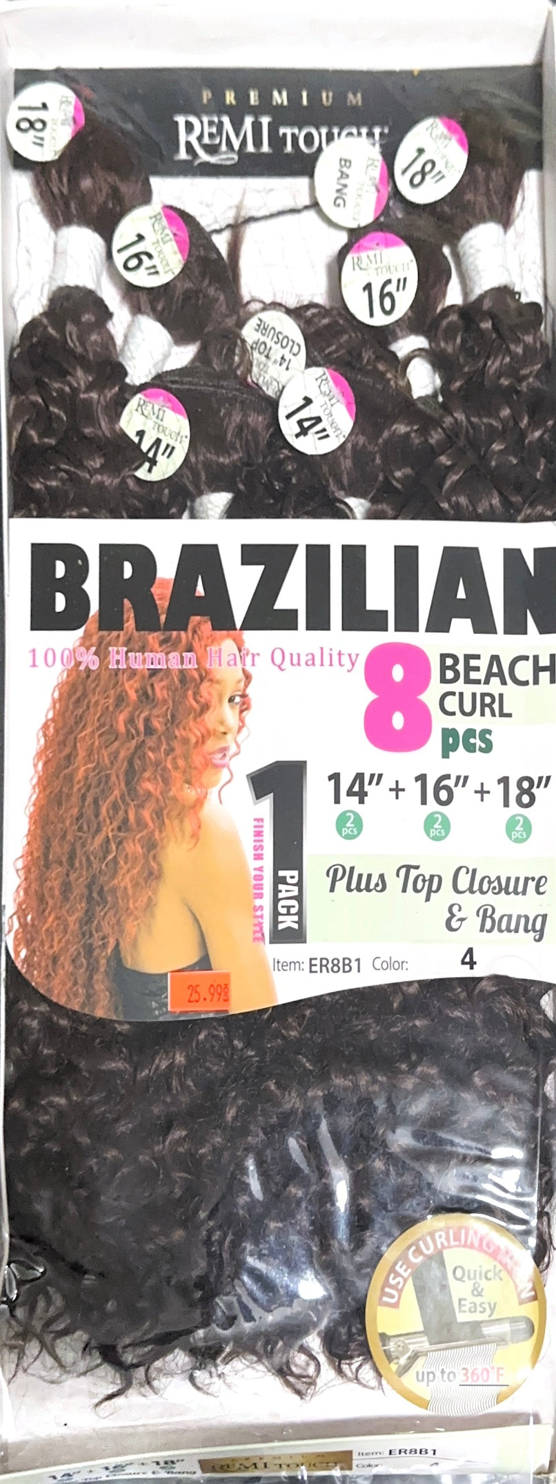 Remi touch Brazilian 8 beach curl pcs with top closure and bangs