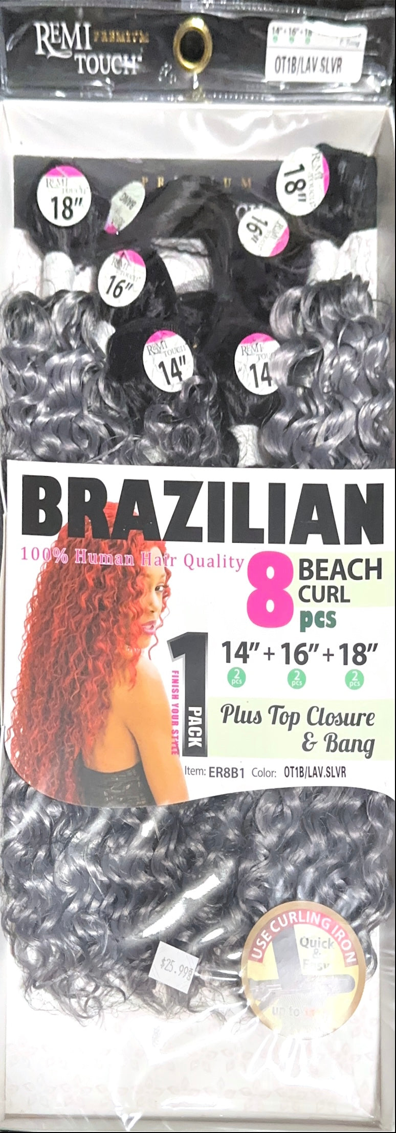 Remi touch Brazilian 8 beach curl pcs with top closure and bangs