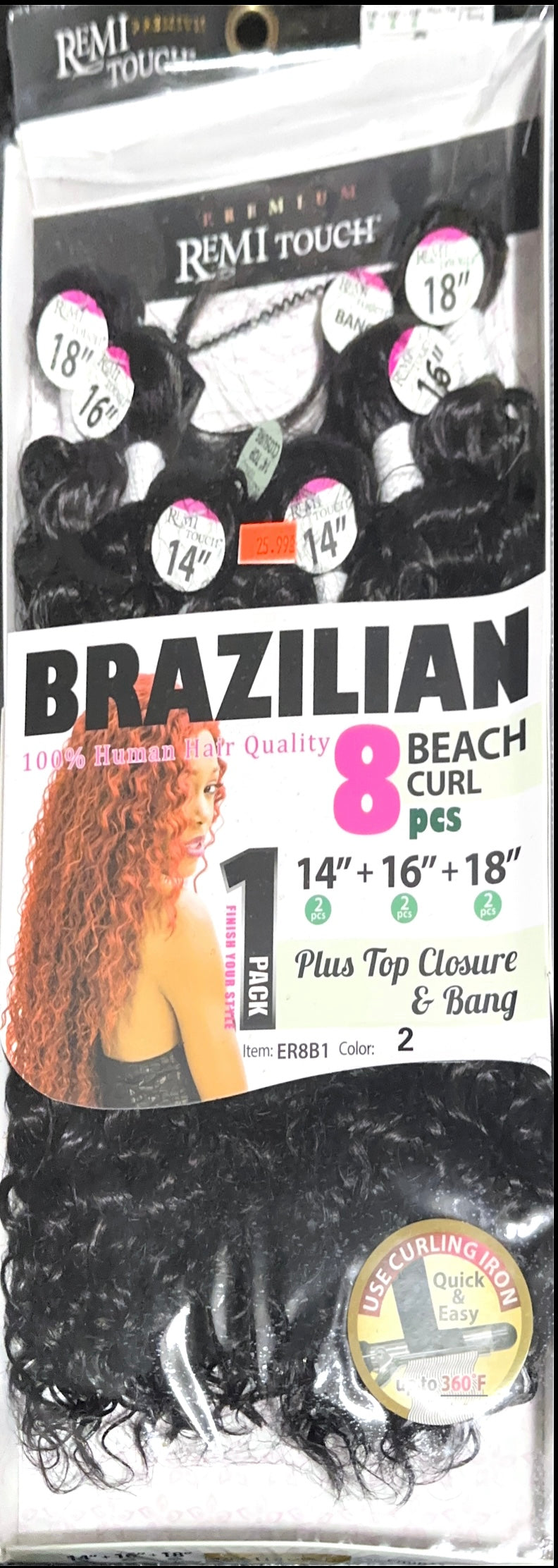 Remi touch Brazilian 8 beach curl pcs with top closure and bangs