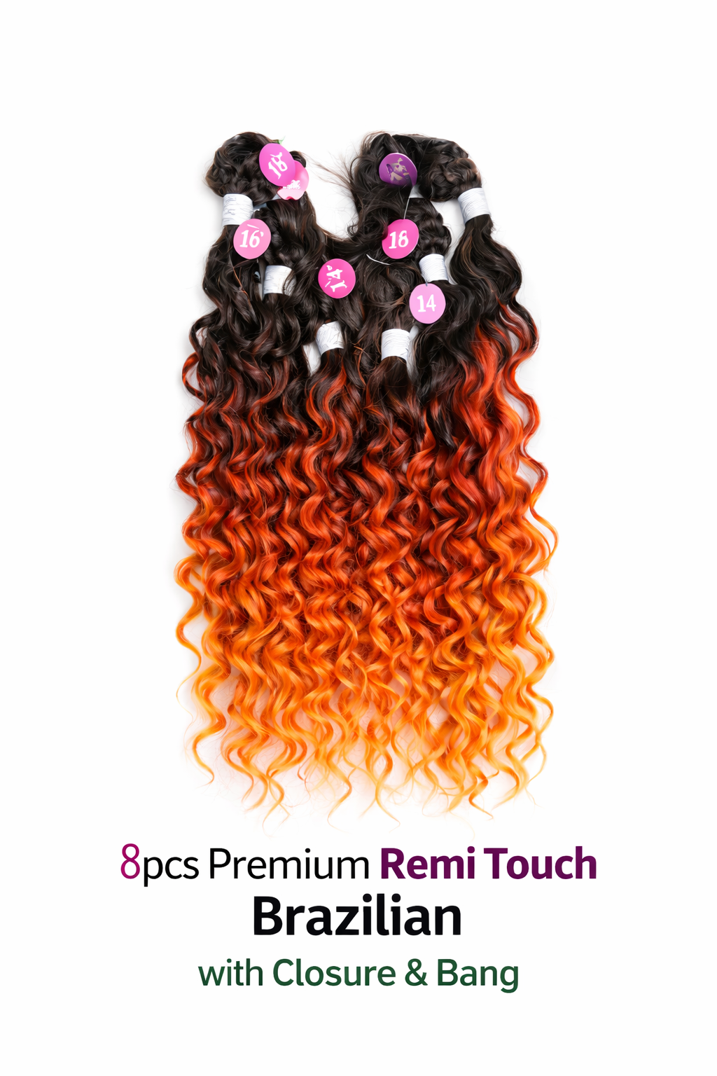 Remi touch Brazilian 8pcs bundle beach curl with top closure and bangs